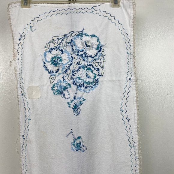 Vintage Shades of Blue Embroidered Table Runner 13" X 37" - Picture 9 of 12
